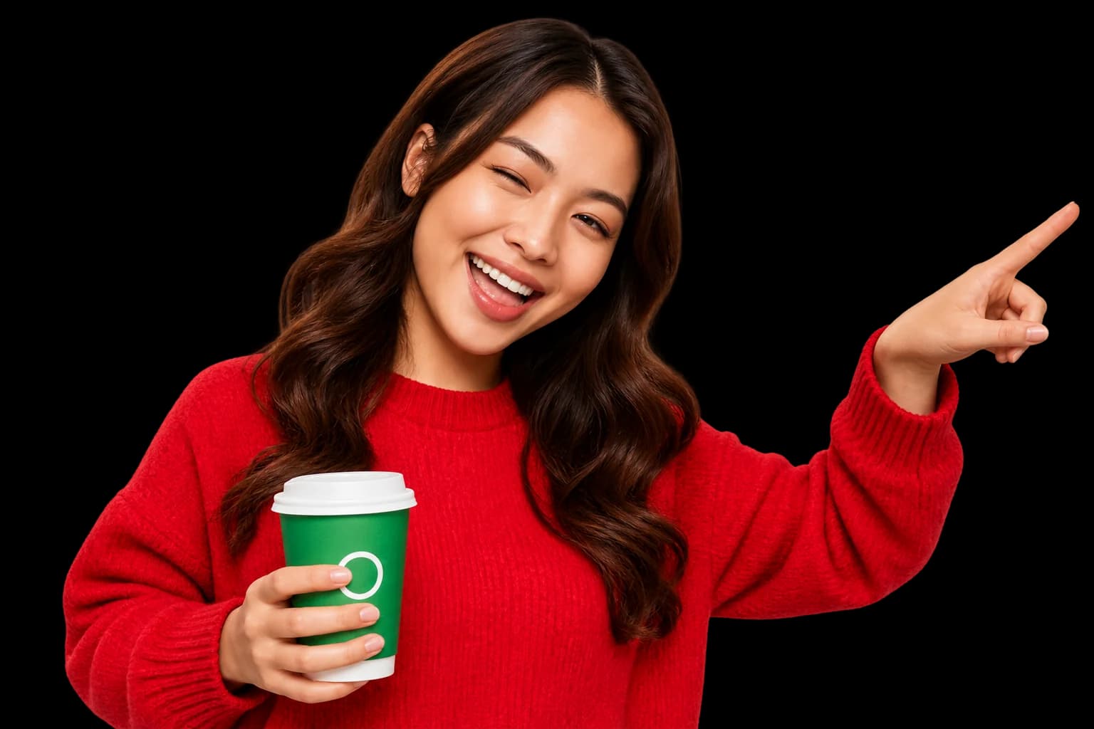 Une commerçante souriante avec un café à emporter pointe le bouton d'inscription
