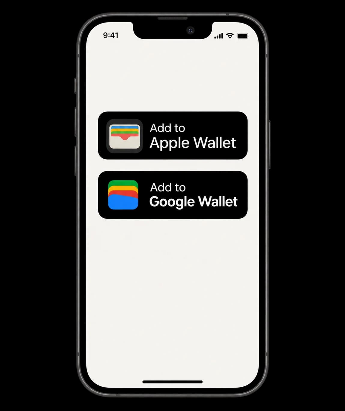 Téléphone affichant les boutons Ajouter à Apple Wallet et Google Wallet